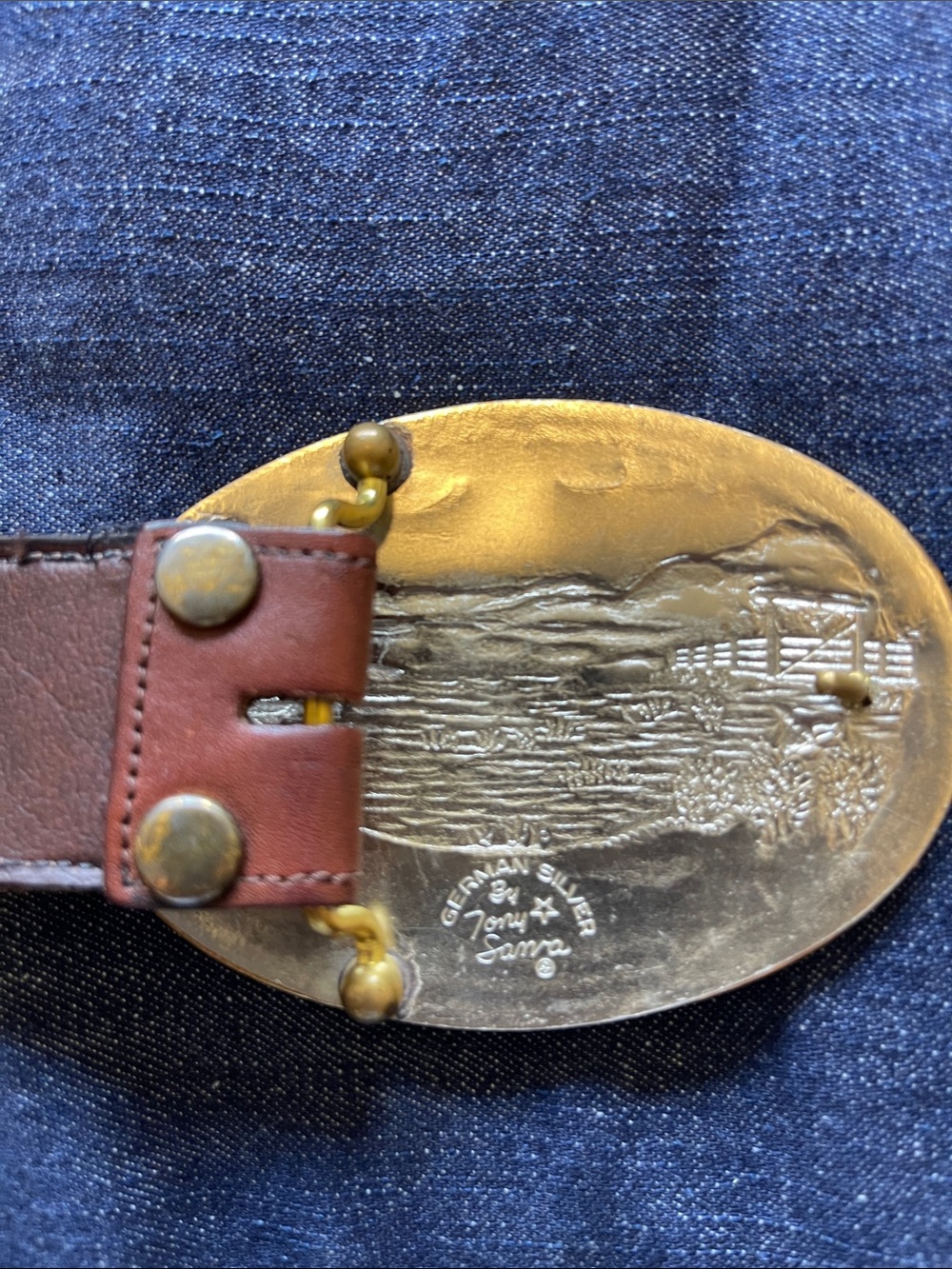 Tony Lama Western Brown Belt with Large German Silver Buckle - Picture 6 of 7